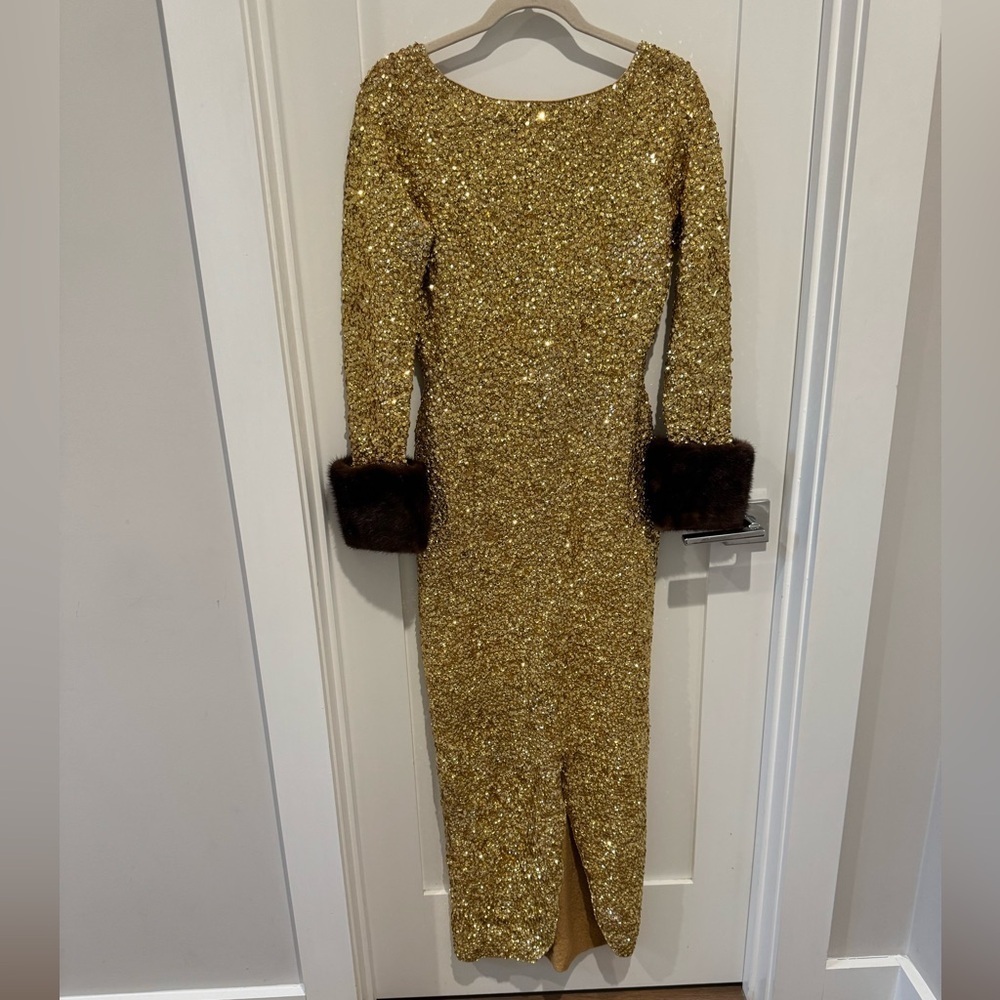 1960s Gene Shelly's Gold Sequin Keyhole Long Bell Sleeve Vintage Wool 60s Gown - Picture 4 of 17